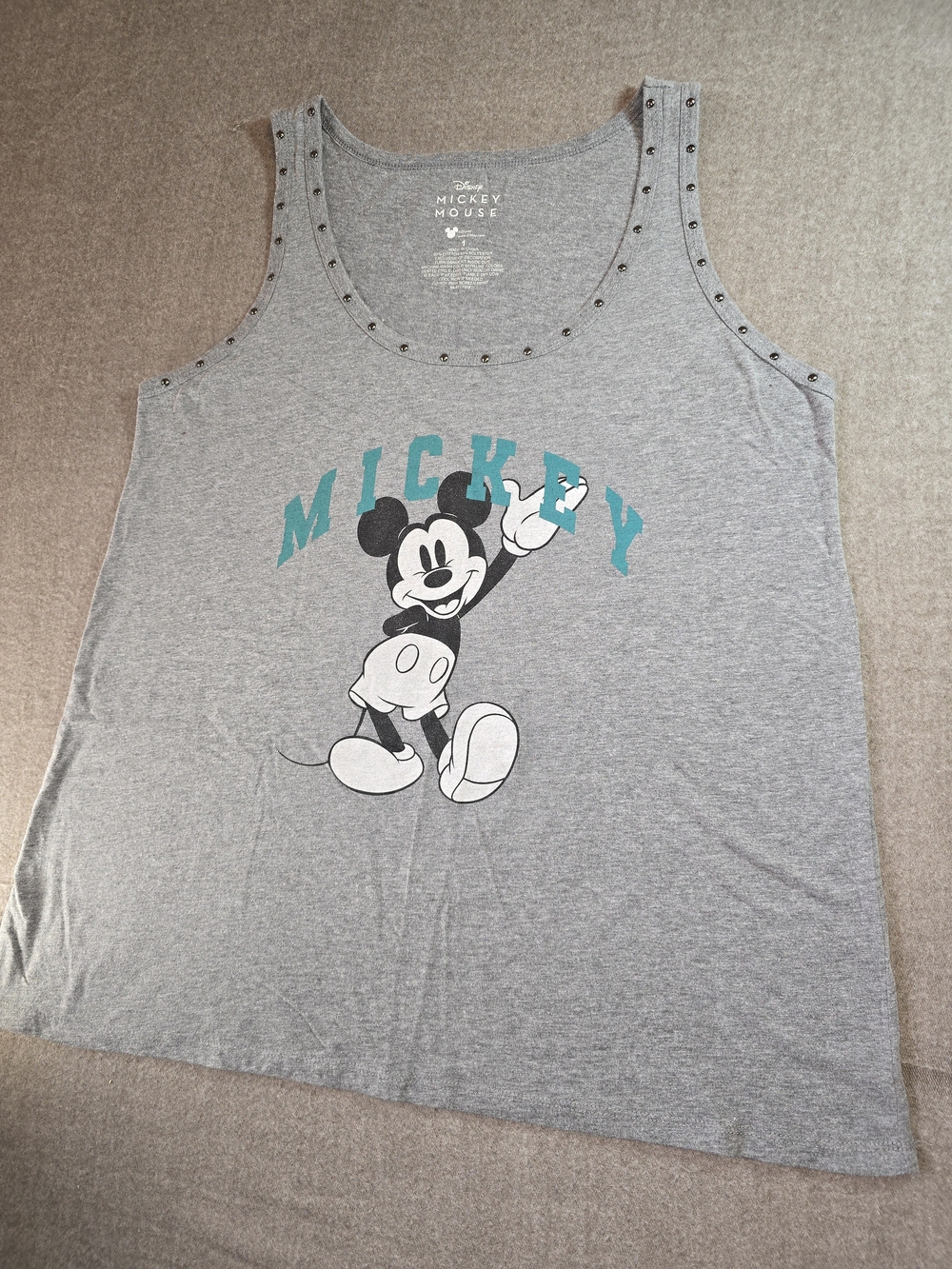 Disney Mickey Mouse Gray Tank Teal Lettering & Studded Women's 1X